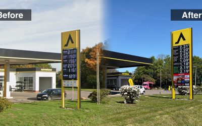 Et før og efter billede af en ViewNet LED skærm implementeret i en prismast på en tysk CLASSIC tankstation i Hoya